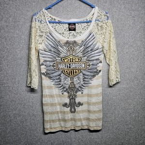 Harley Davidson Woman's White and Gold Lace Shirt Size Small